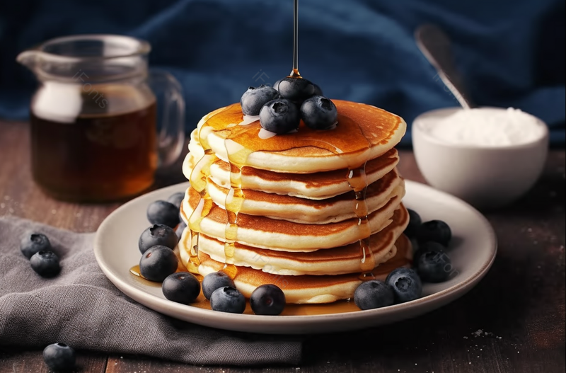 近距离的糖浆蓝莓煎饼和蜂蜜莫斯科俄罗斯餐饮美食图像摄影,高清,摄影图,摄影图片,图片大全,摄影图免费下载